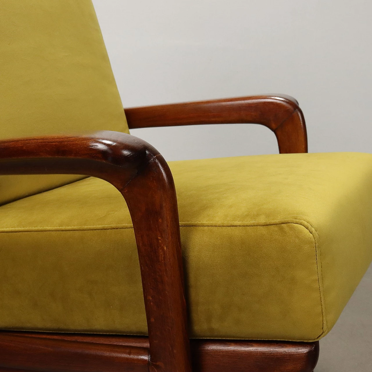 Reclining armchair in stained beech wood and velvet, 1950s 8