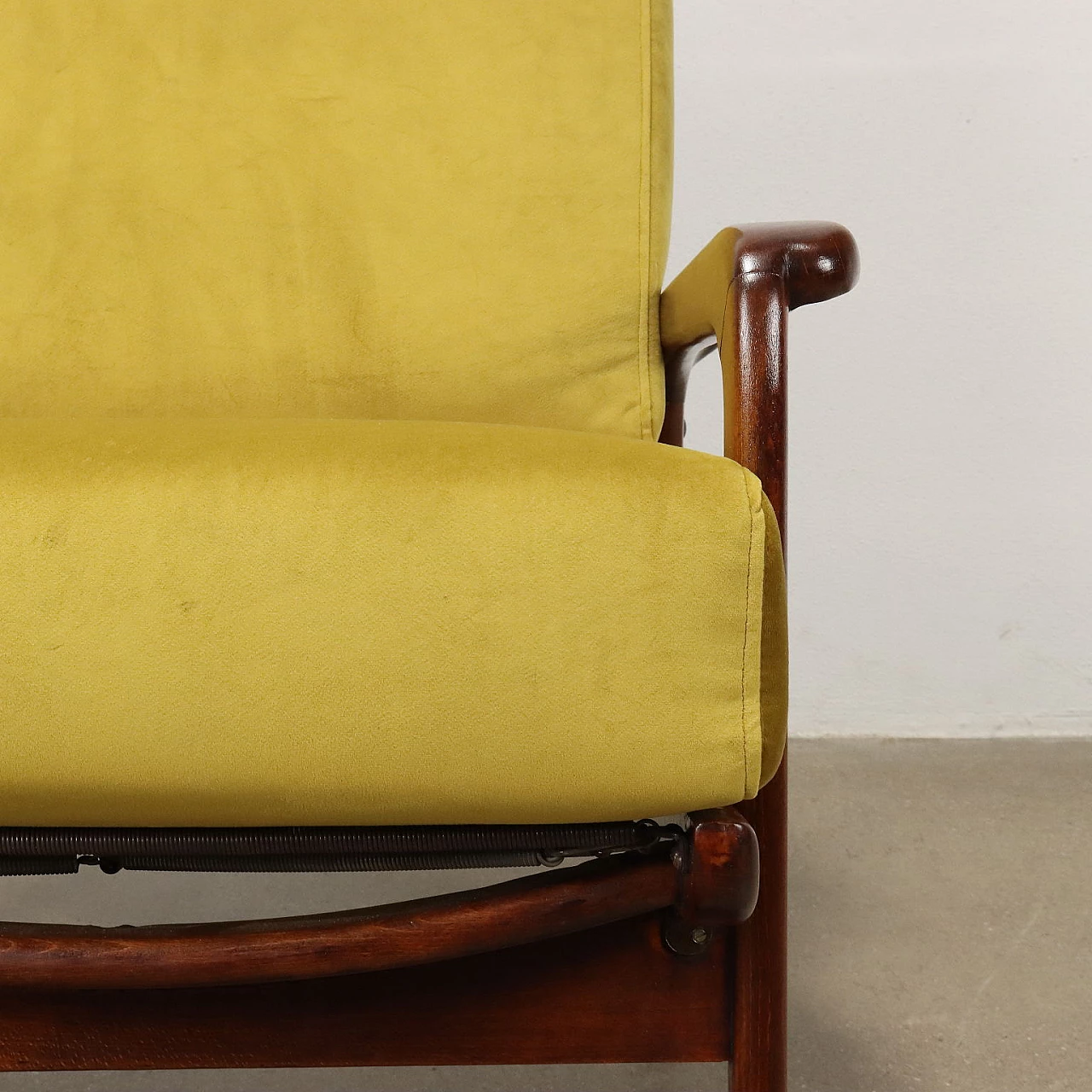 Reclining armchair in stained beech wood and velvet, 1950s 9