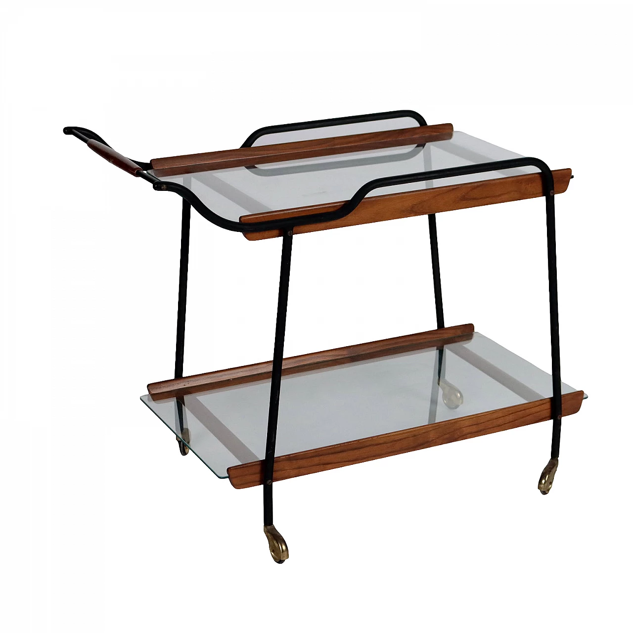 Enamelled metal, stained beech wood and glass service cart, 1960s 1