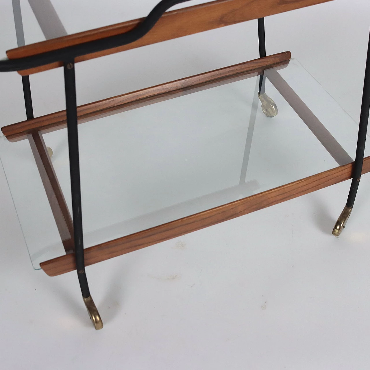 Enamelled metal, stained beech wood and glass service cart, 1960s 5