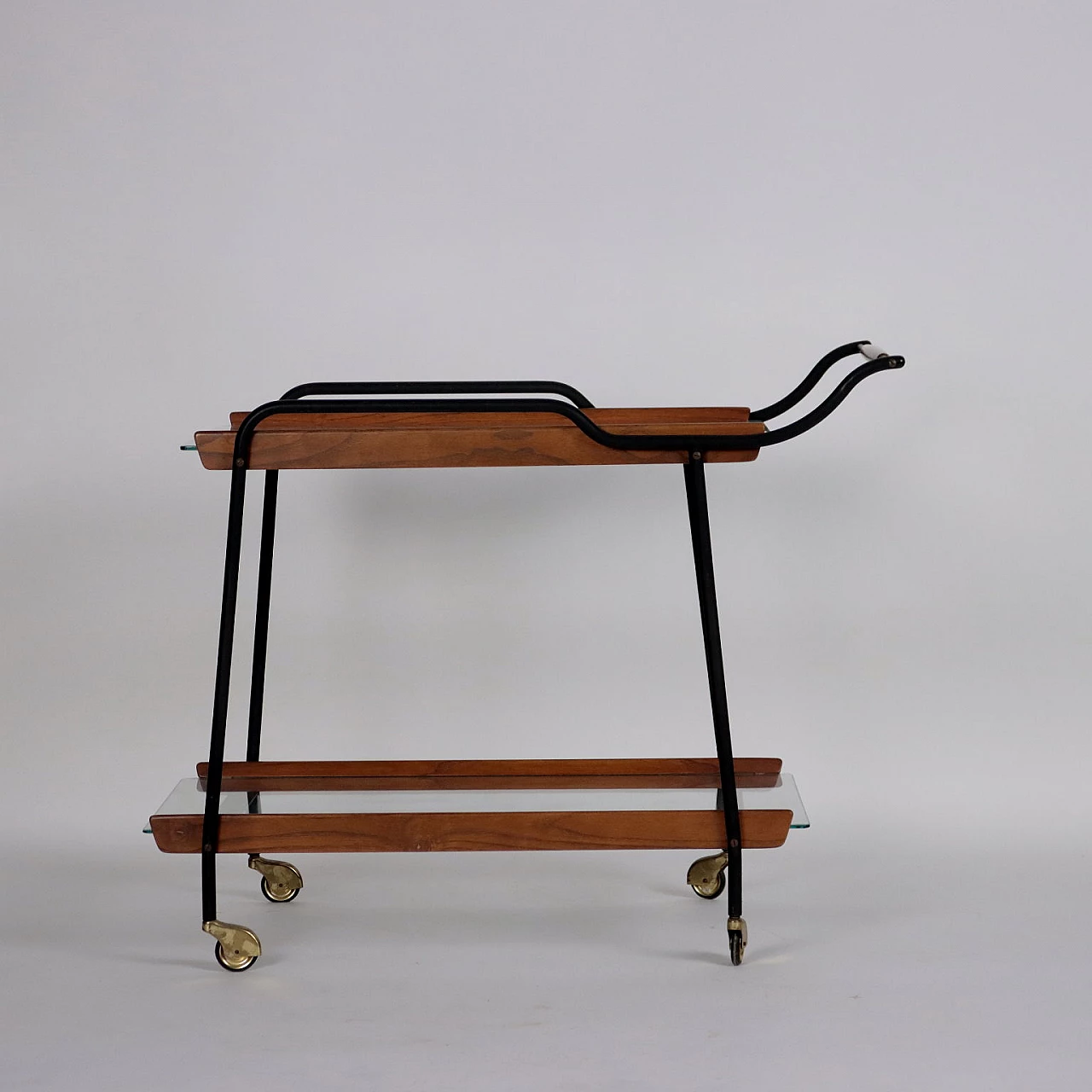 Enamelled metal, stained beech wood and glass service cart, 1960s 7