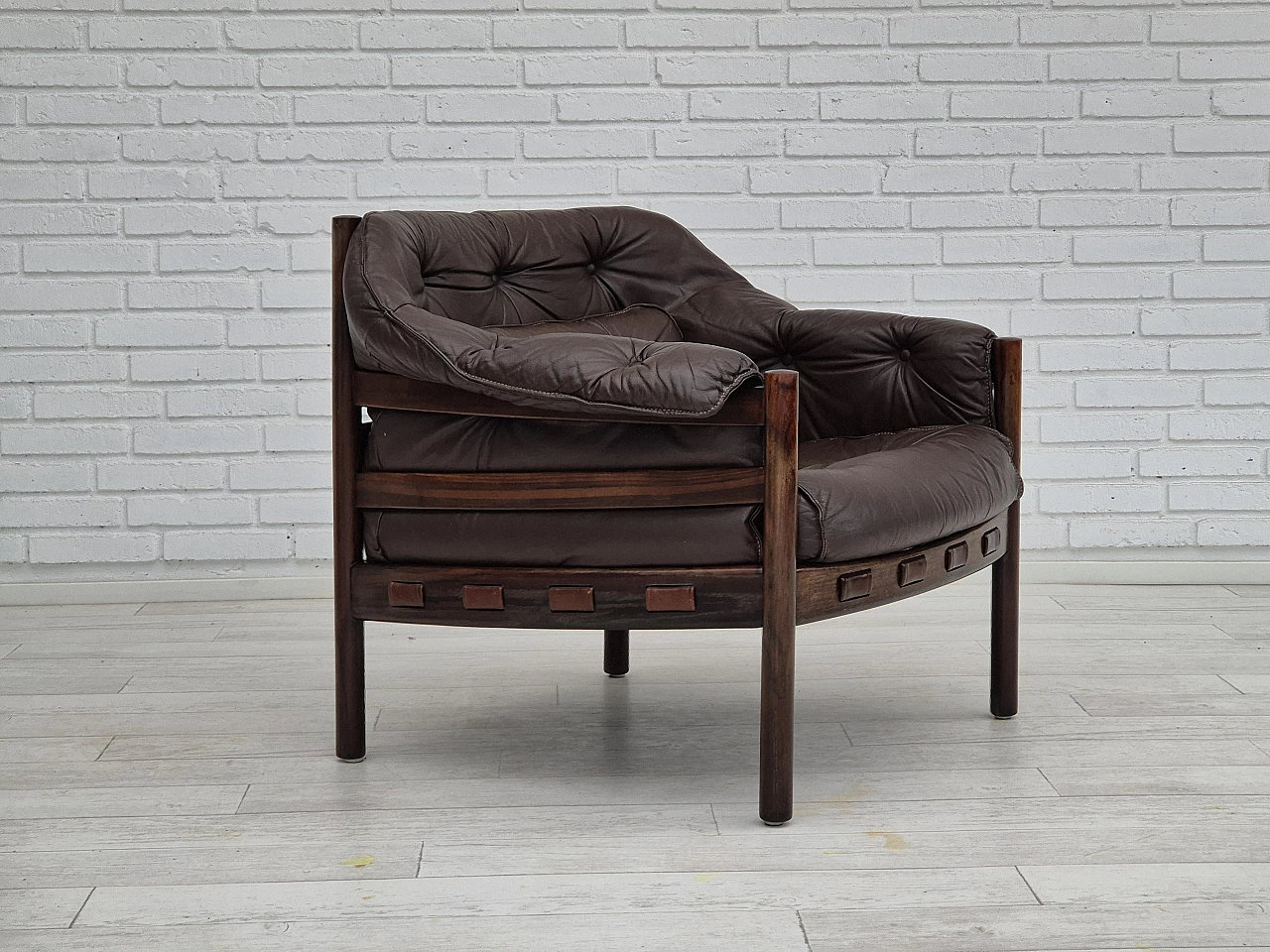 Armchair in brown leather and beech wood by Arne Norell, 1970s 2