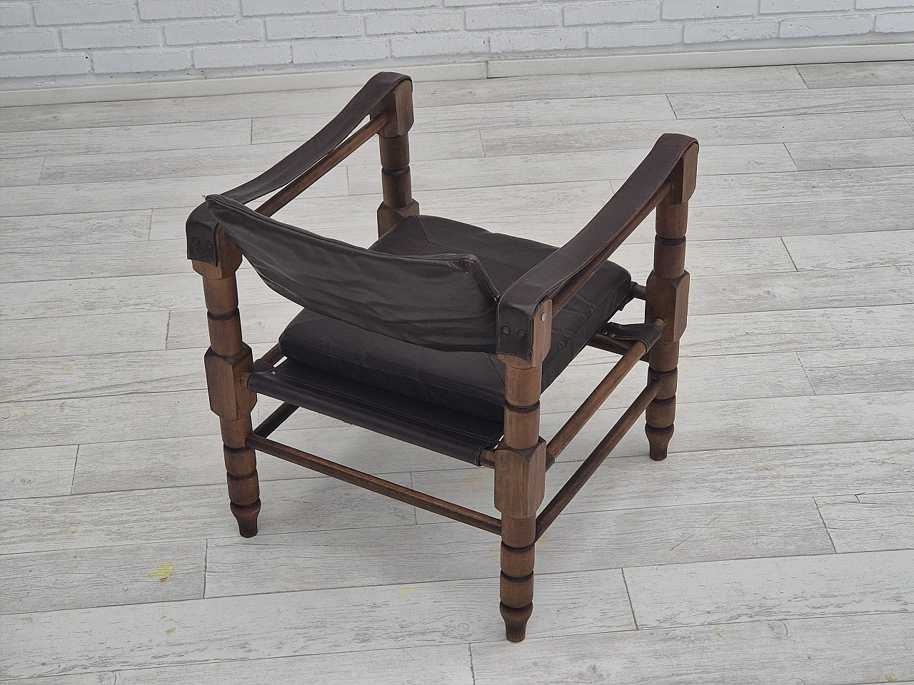 Poltrona safari in pelle marrone e faggio, anni '60 7