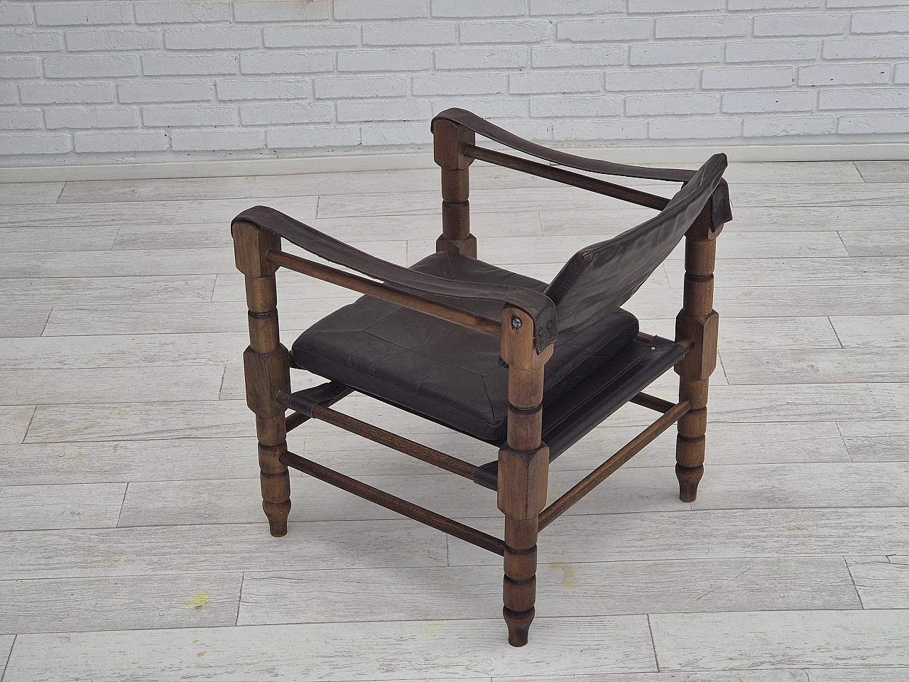 Poltrona safari in pelle marrone e faggio, anni '60 10