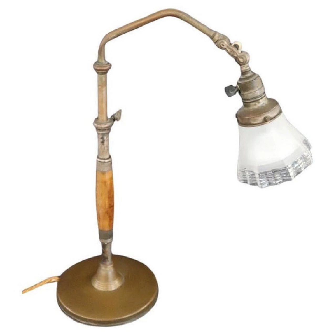Lampada da tavolo regolabile in ottone, faggio e vetro, anni '30 1
