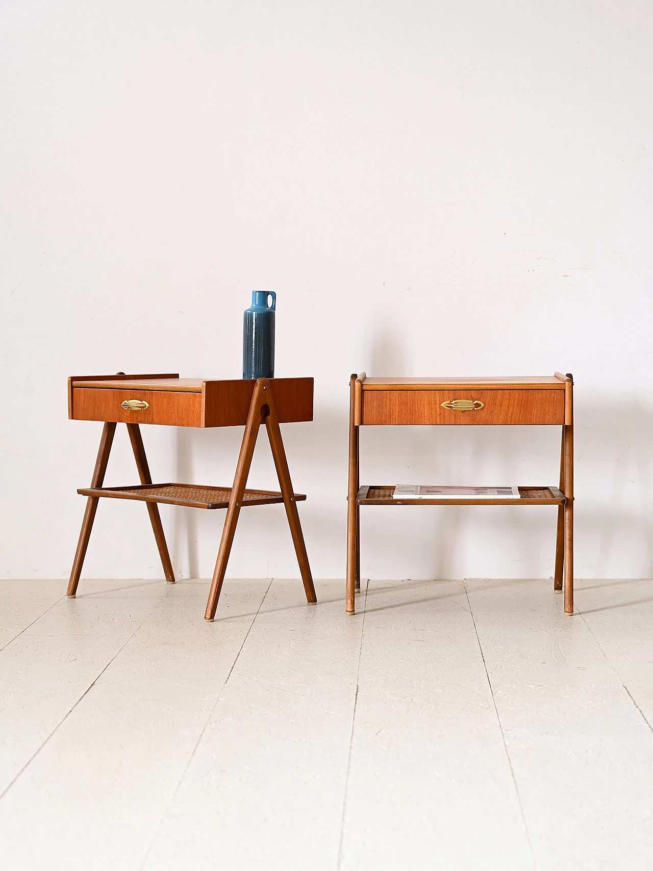 Pair of wooden bedside tables with rattan magazine rack, 1960s 1