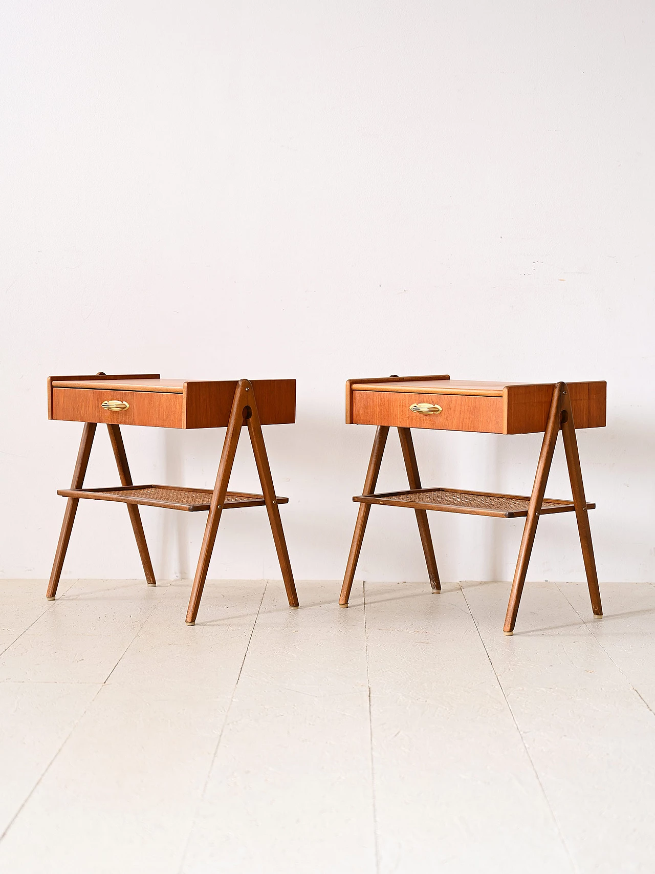 Pair of wooden bedside tables with rattan magazine rack, 1960s 2