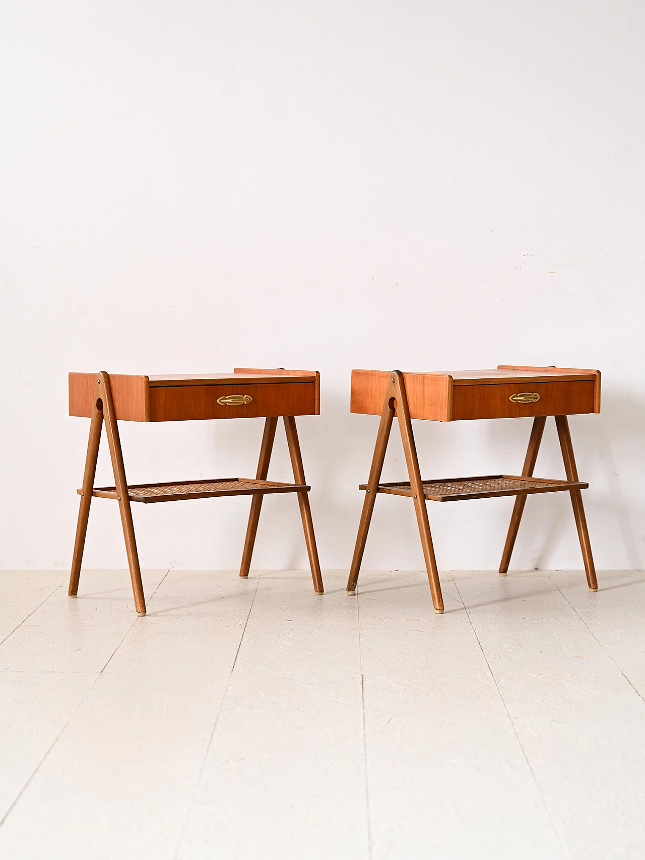 Pair of wooden bedside tables with rattan magazine rack, 1960s 3