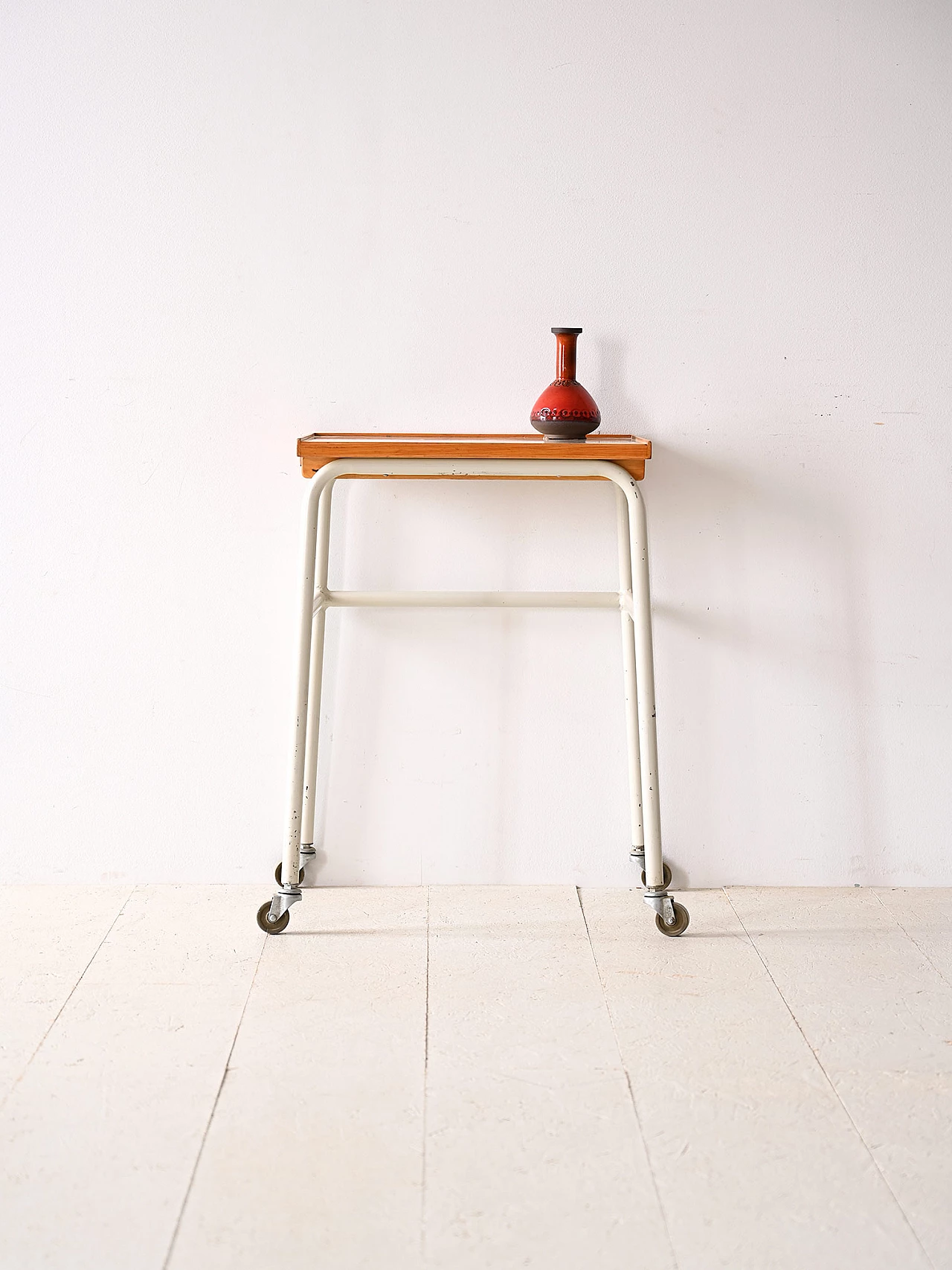 Wooden bar cart with wheels and metal legs, 1960s 1