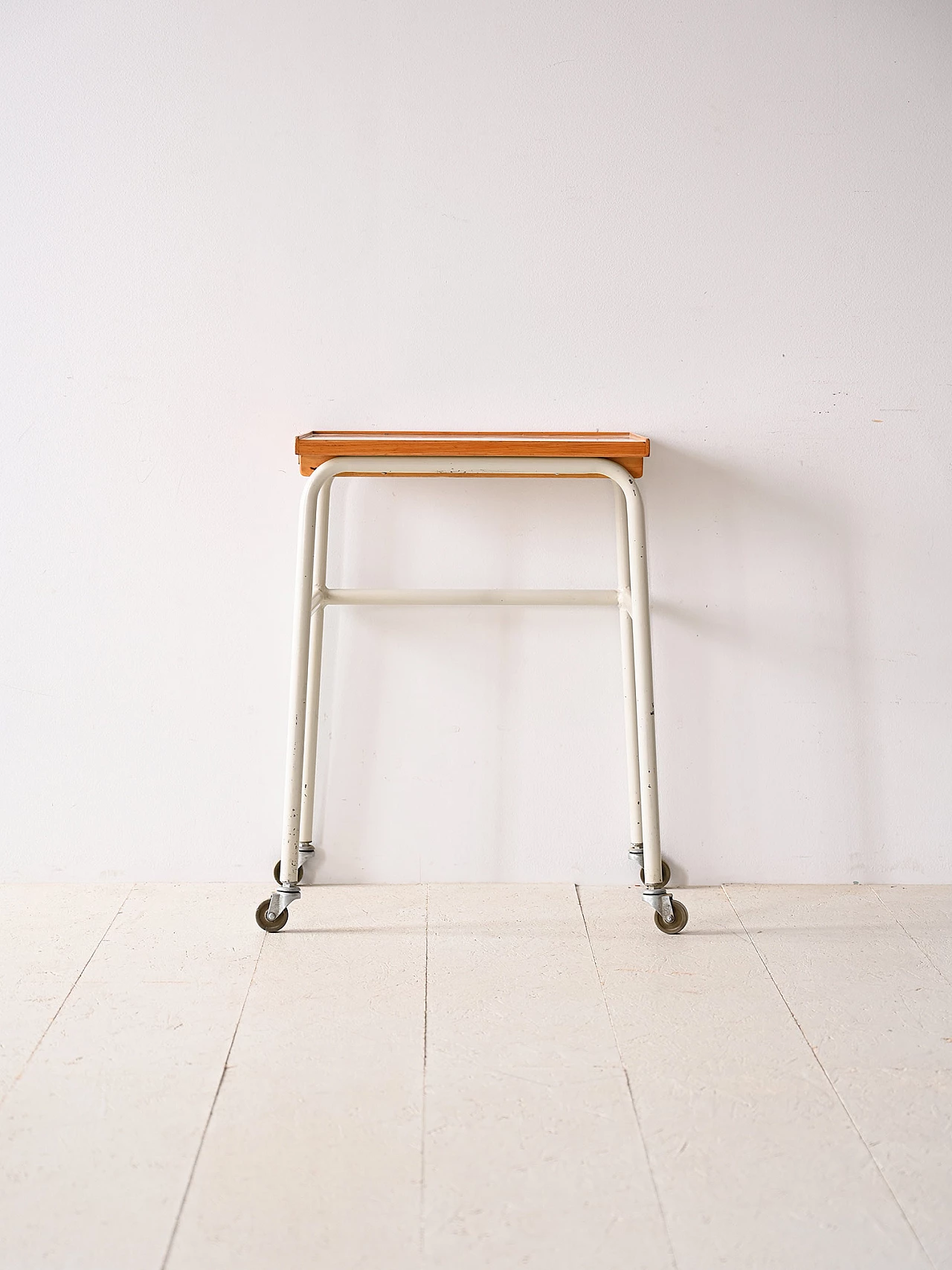 Wooden bar cart with wheels and metal legs, 1960s 2