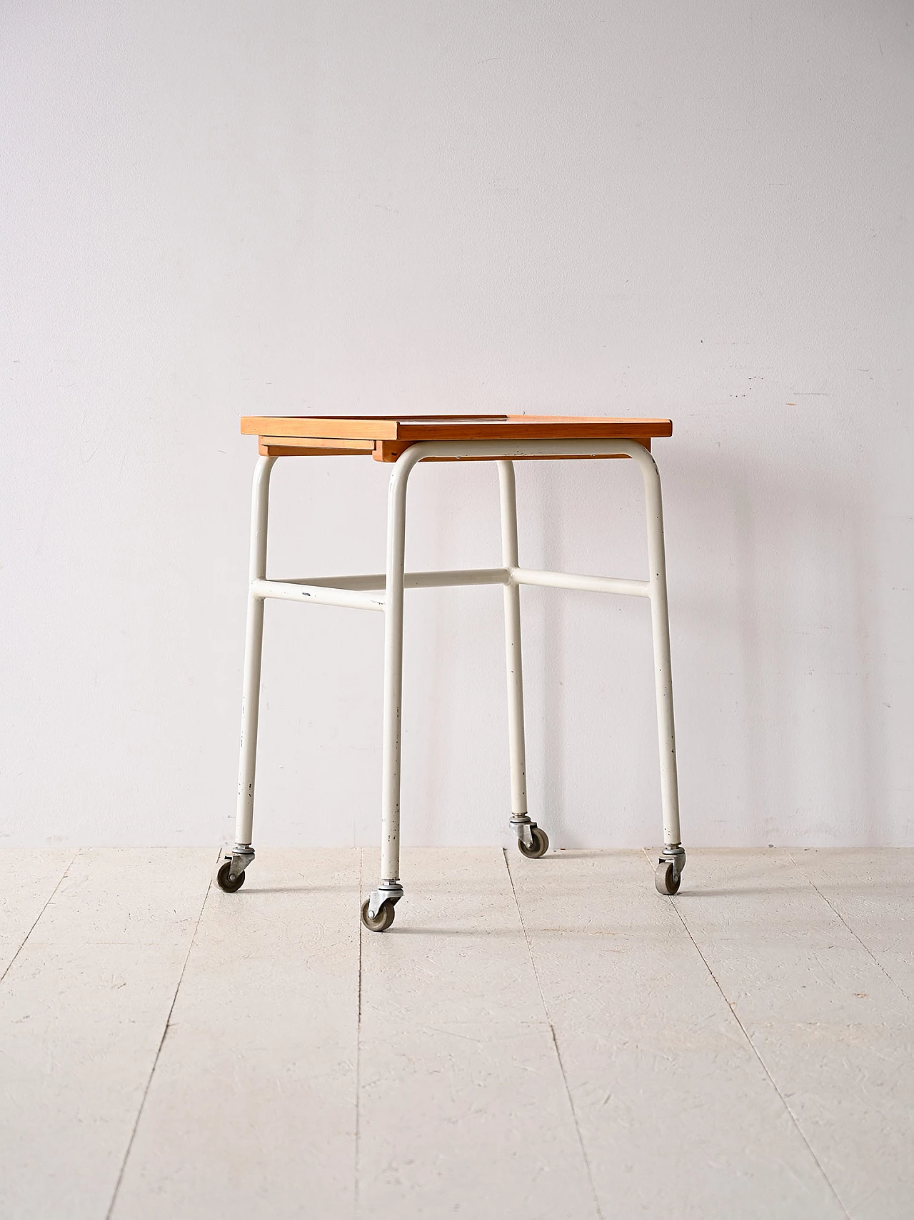 Wooden bar cart with wheels and metal legs, 1960s 3