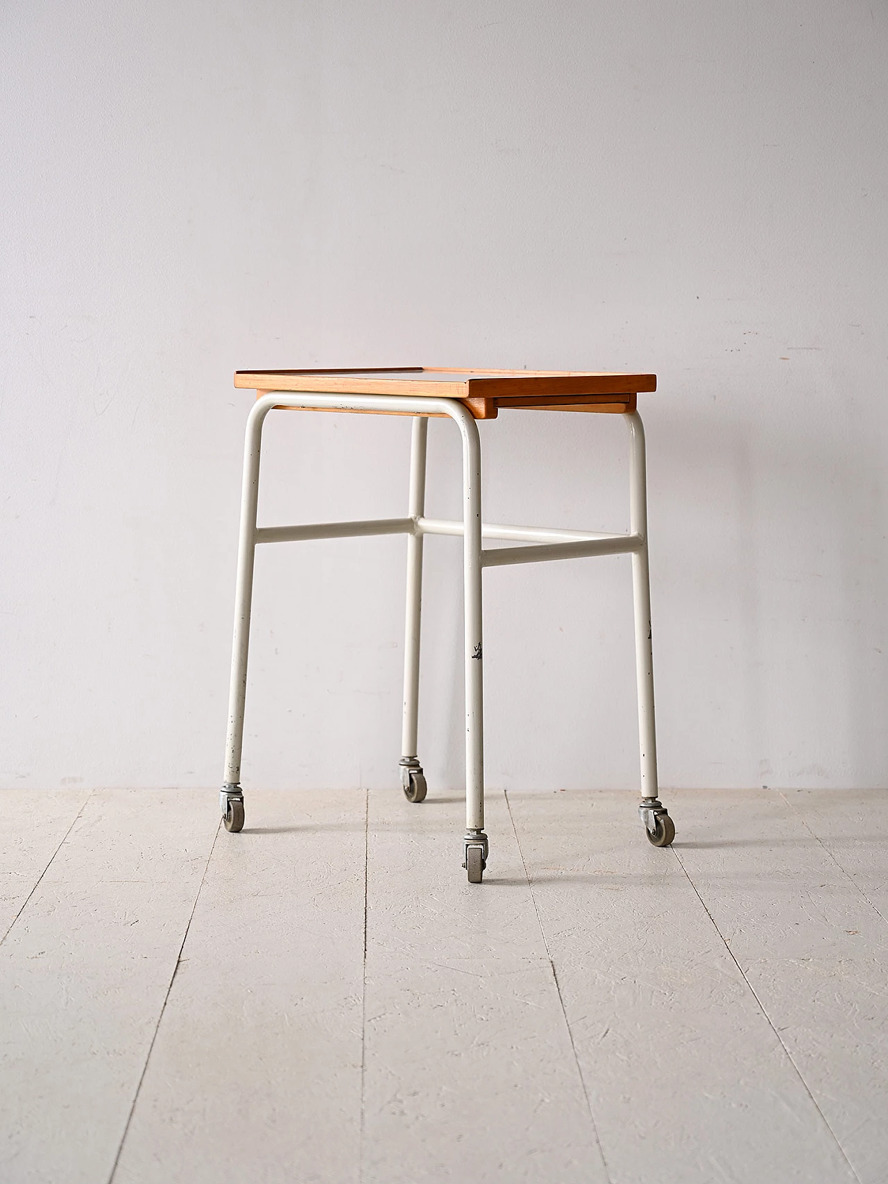 Wooden bar cart with wheels and metal legs, 1960s 4