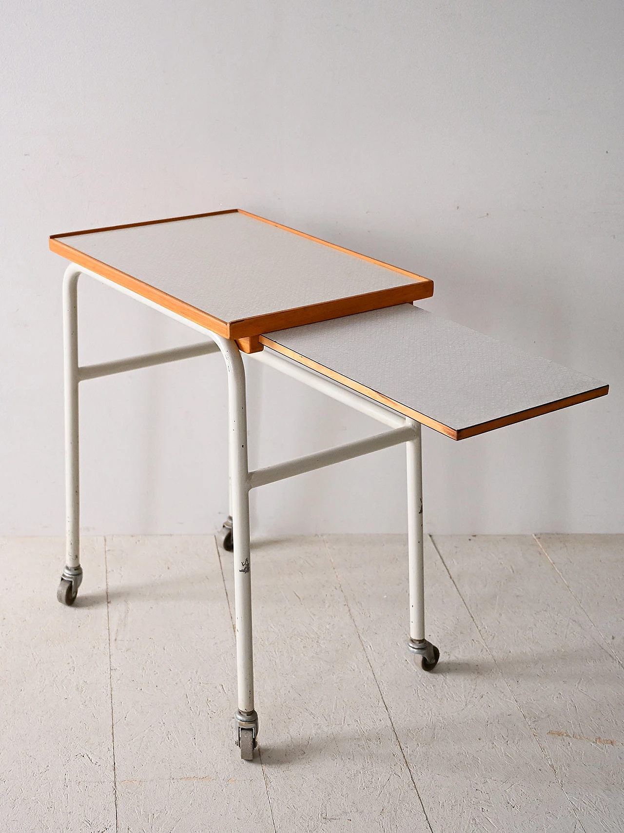 Wooden bar cart with wheels and metal legs, 1960s 11