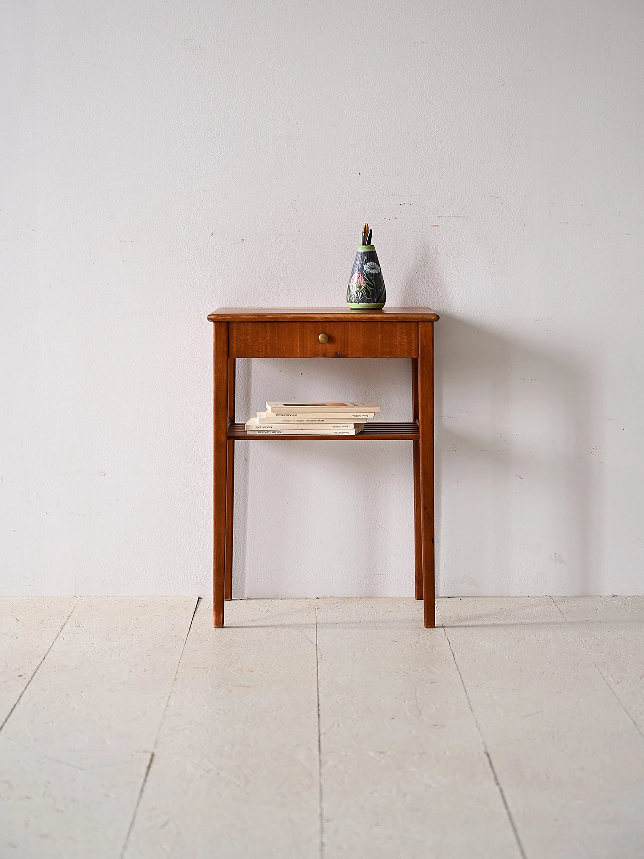 Mahogany bedside table with drawer and golden metal knob, 1960s 1