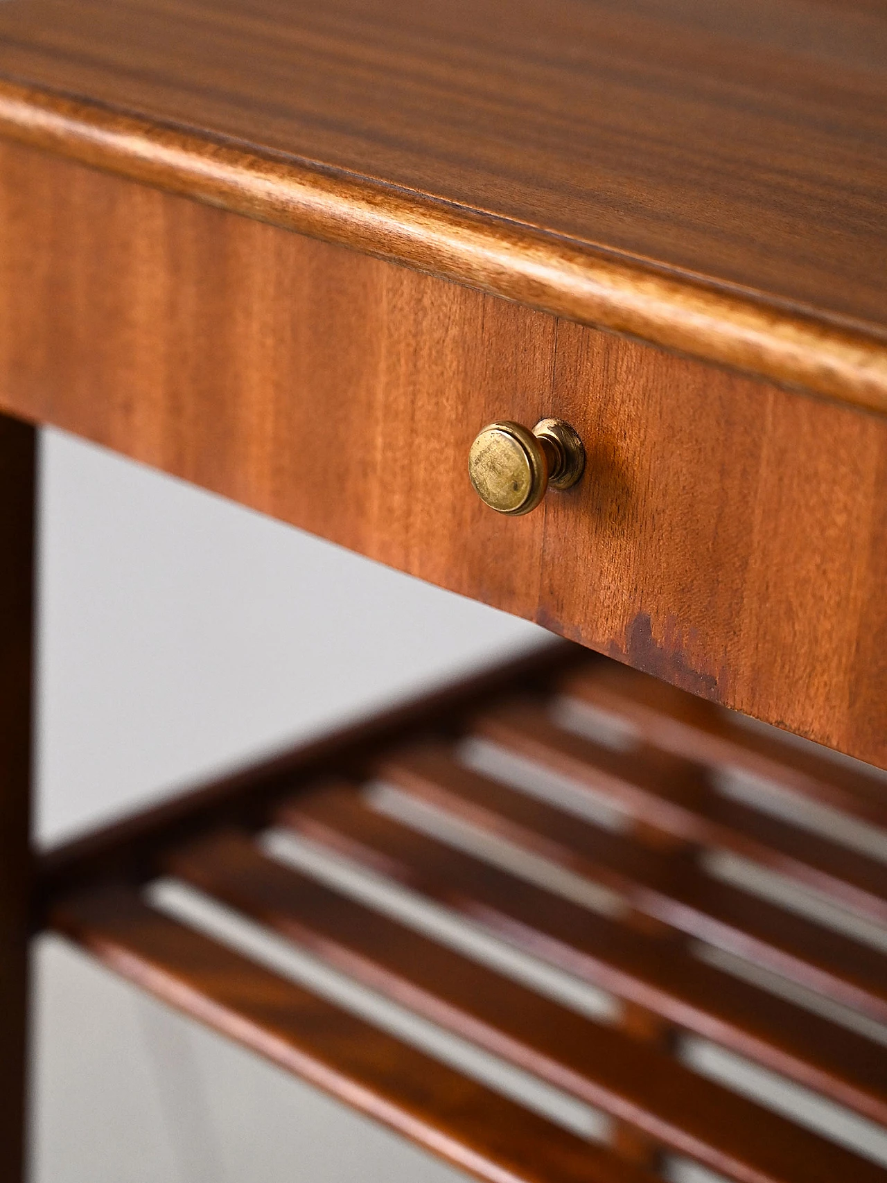 Mahogany bedside table with drawer and golden metal knob, 1960s 7