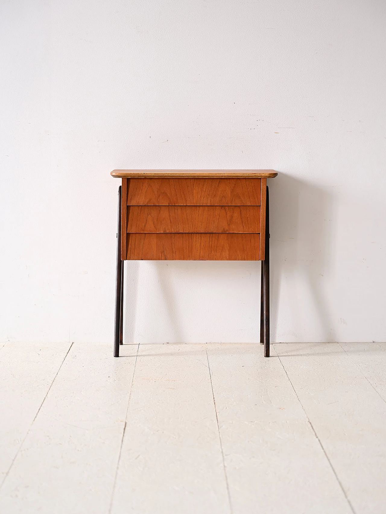 Teak bedside table with three drawers and painted legs, 1960s 1
