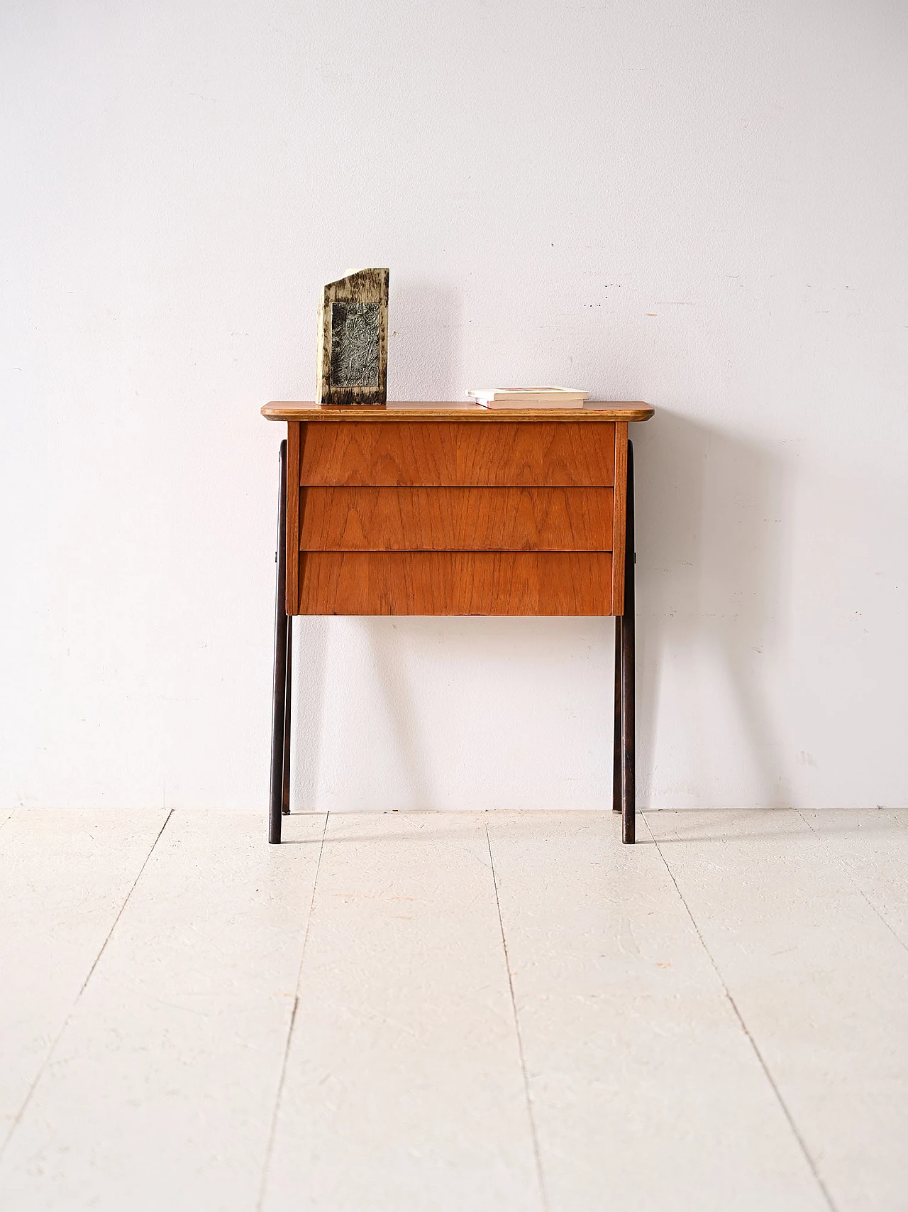 Teak bedside table with three drawers and painted legs, 1960s 2