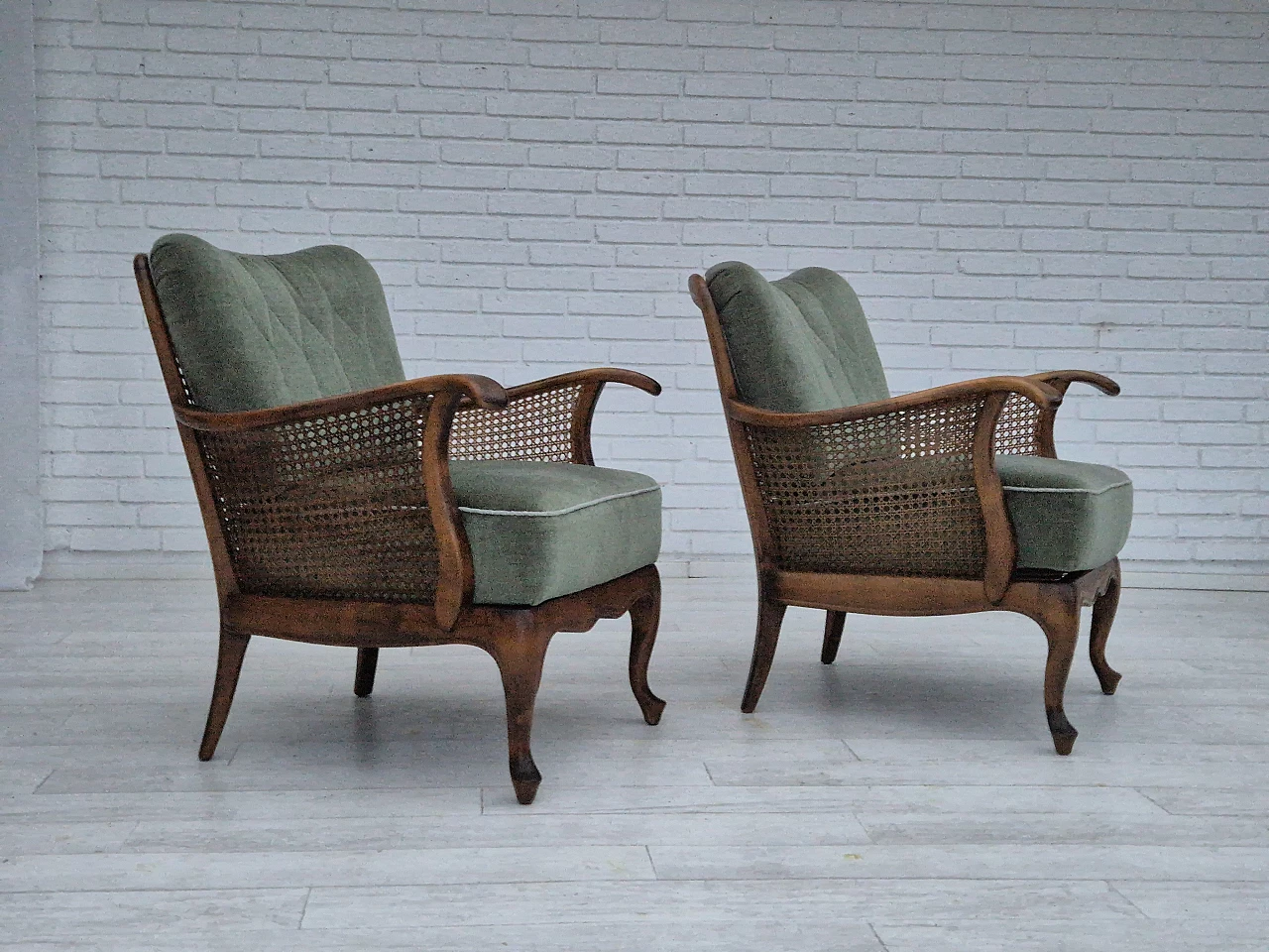 Pair of Danish armchairs in ashwood and green velour, 1950s 1