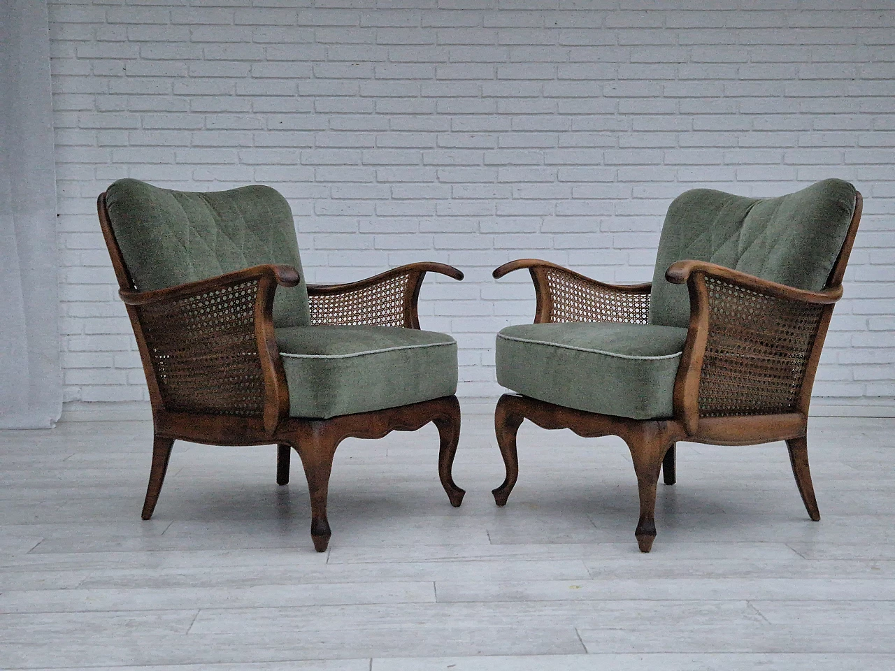 Pair of Danish armchairs in ashwood and green velour, 1950s 2