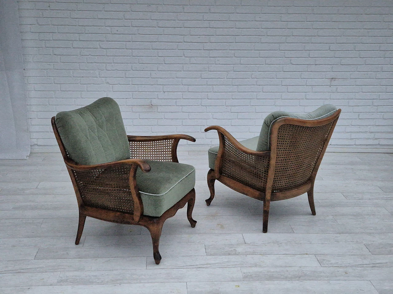 Pair of Danish armchairs in ashwood and green velour, 1950s 4