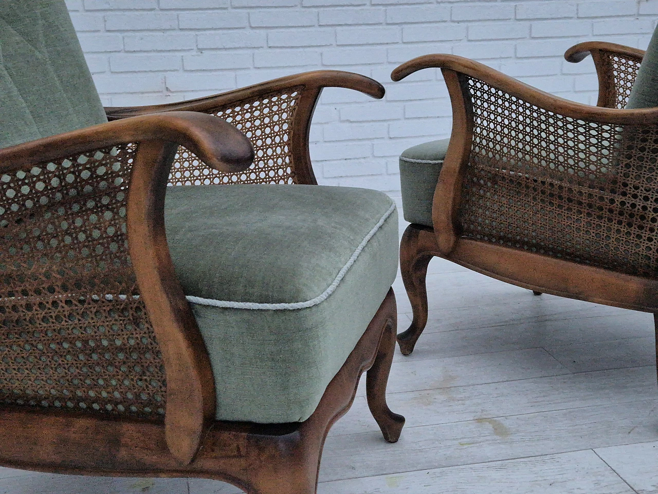 Pair of Danish armchairs in ashwood and green velour, 1950s 6