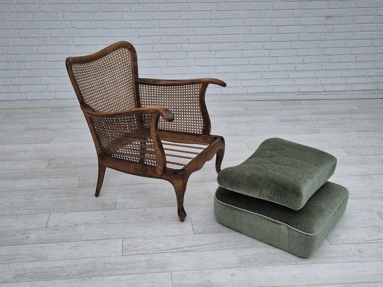 Pair of Danish armchairs in ashwood and green velour, 1950s 12