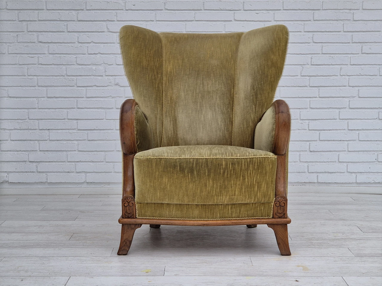 Danish armchair in oak and green velour, 1960s 1
