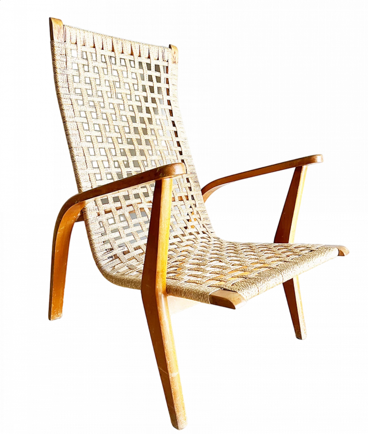 Swedish walnut and woven rope armchair, 1950s 1