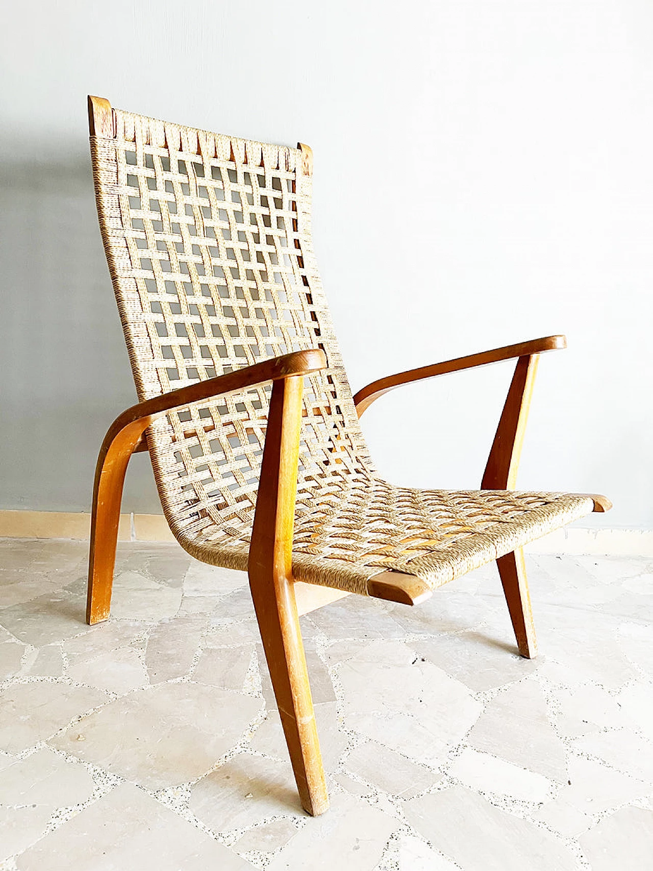 Swedish walnut and woven rope armchair, 1950s 3