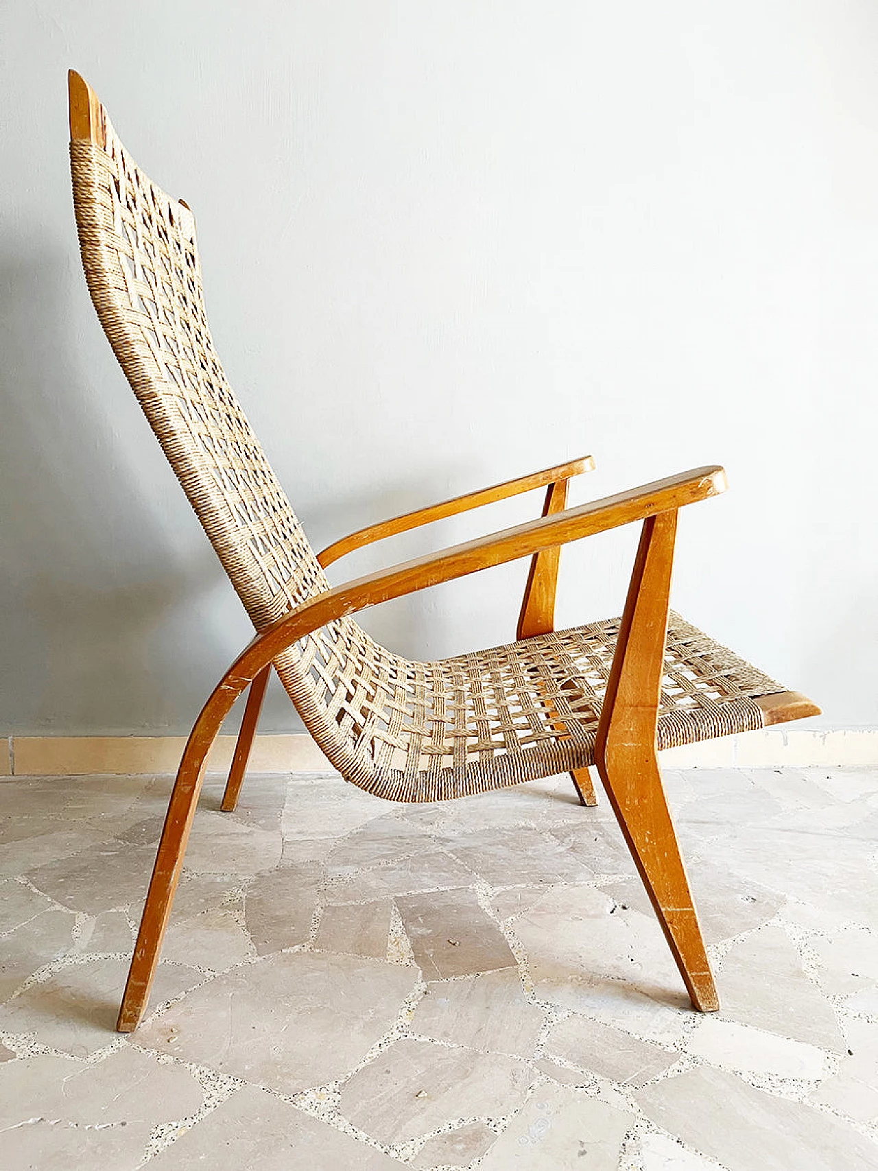 Swedish walnut and woven rope armchair, 1950s 4