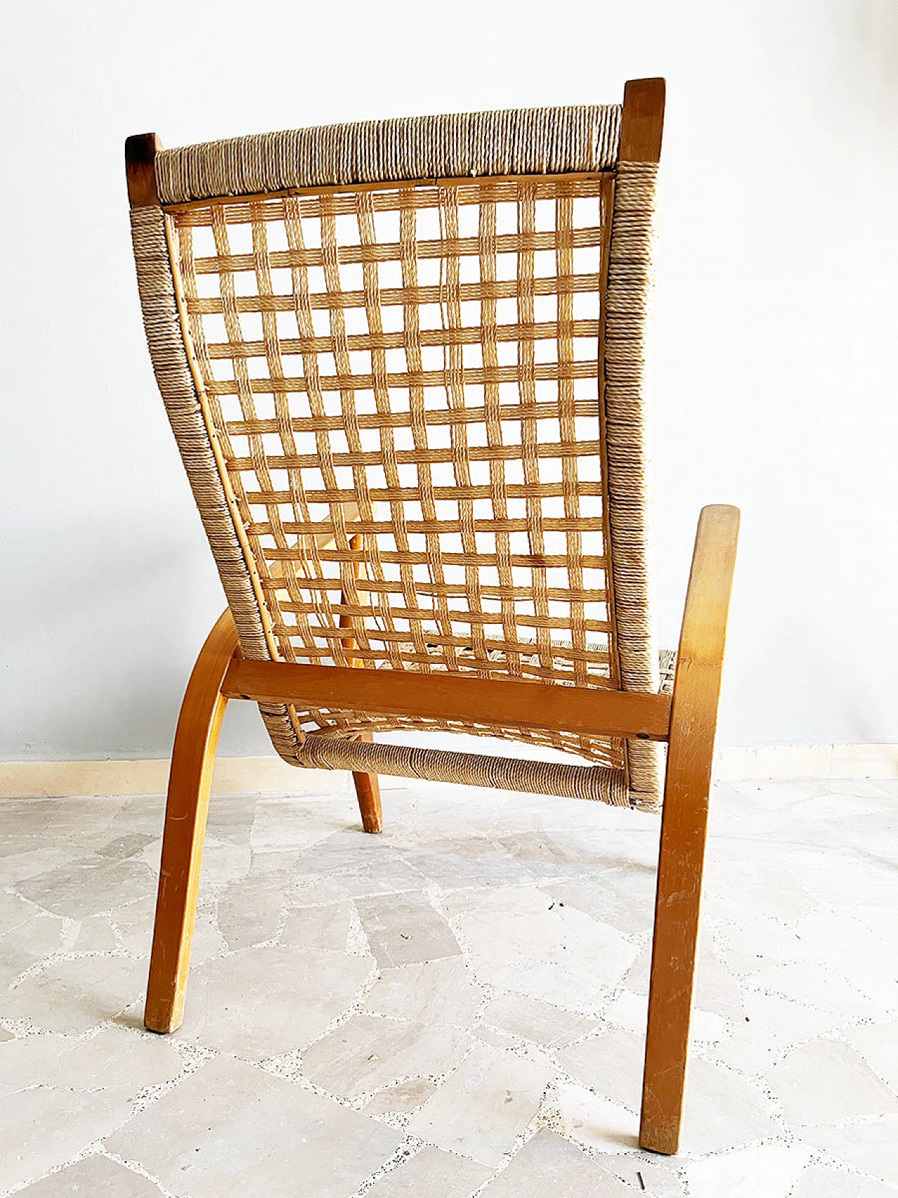 Swedish walnut and woven rope armchair, 1950s 5
