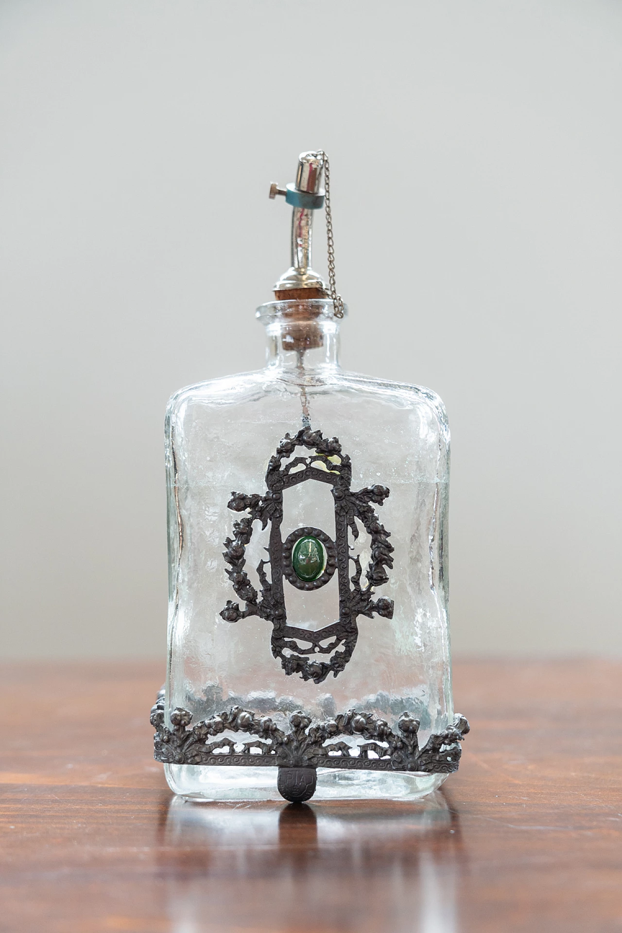 Bottiglia porta liquore in vetro e argento, 1970 1