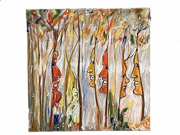 Celaia, volti e alberi, dipinto a smalti policromi su tela, 1980