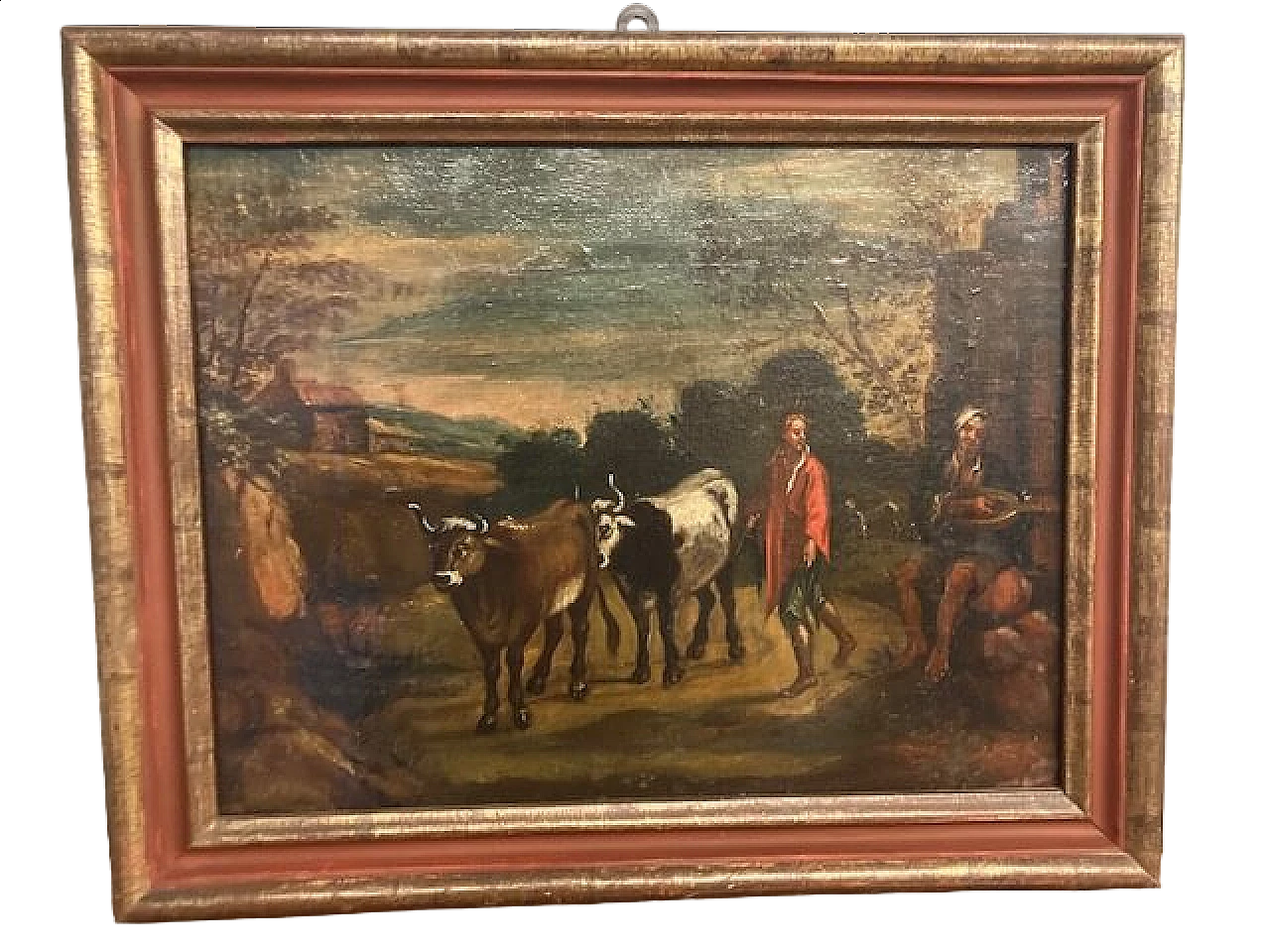 Paesaggio con buoi e contadini, dipinto a olio su tela, '600 15