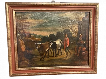 Landscape with oxen and peasants, oil painting on canvas, 17th century