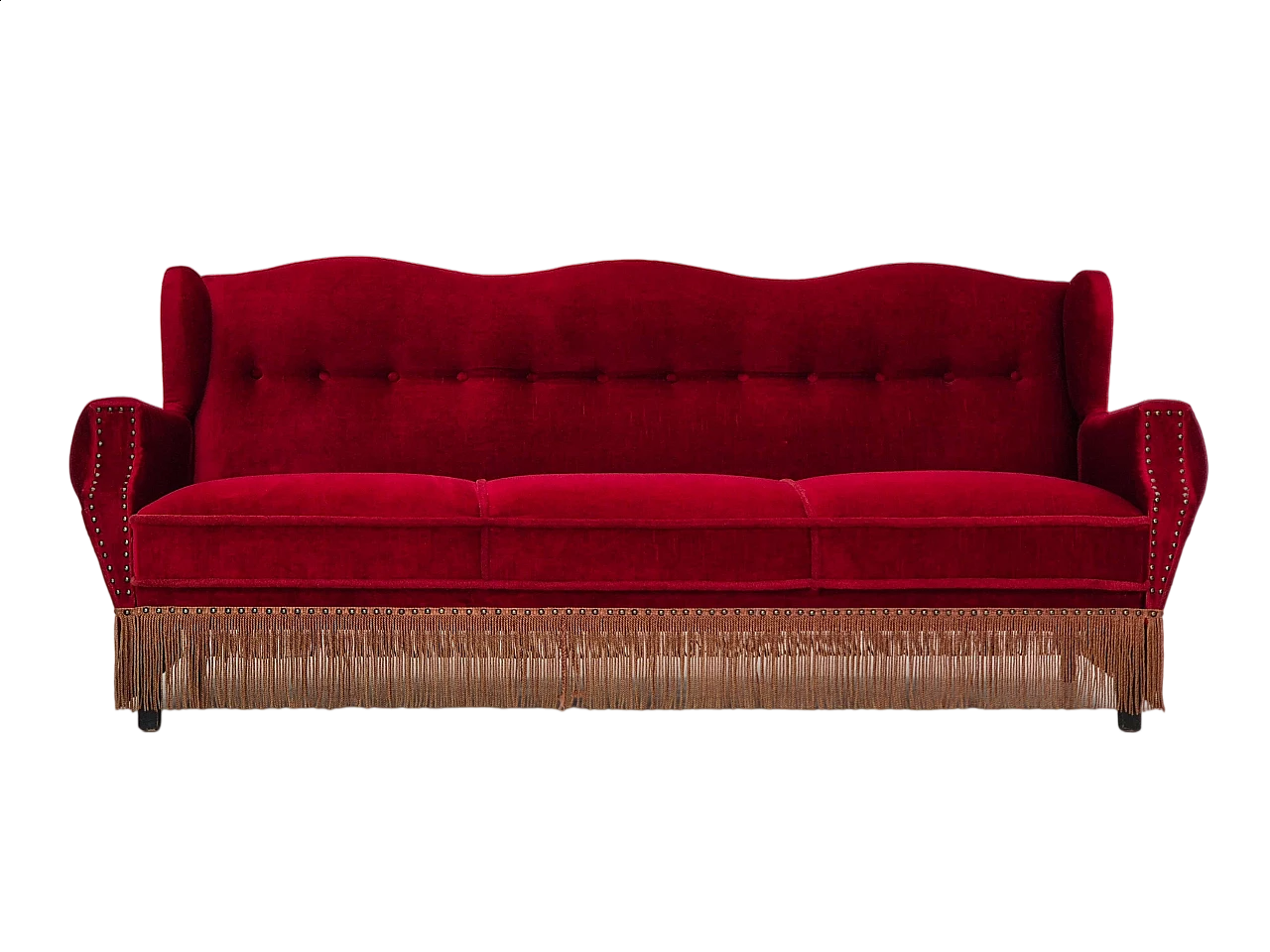 Danish oak and red velvet sofa with tassels, 1960s 17