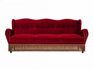Danish oak and red velvet sofa with tassels, 1960s