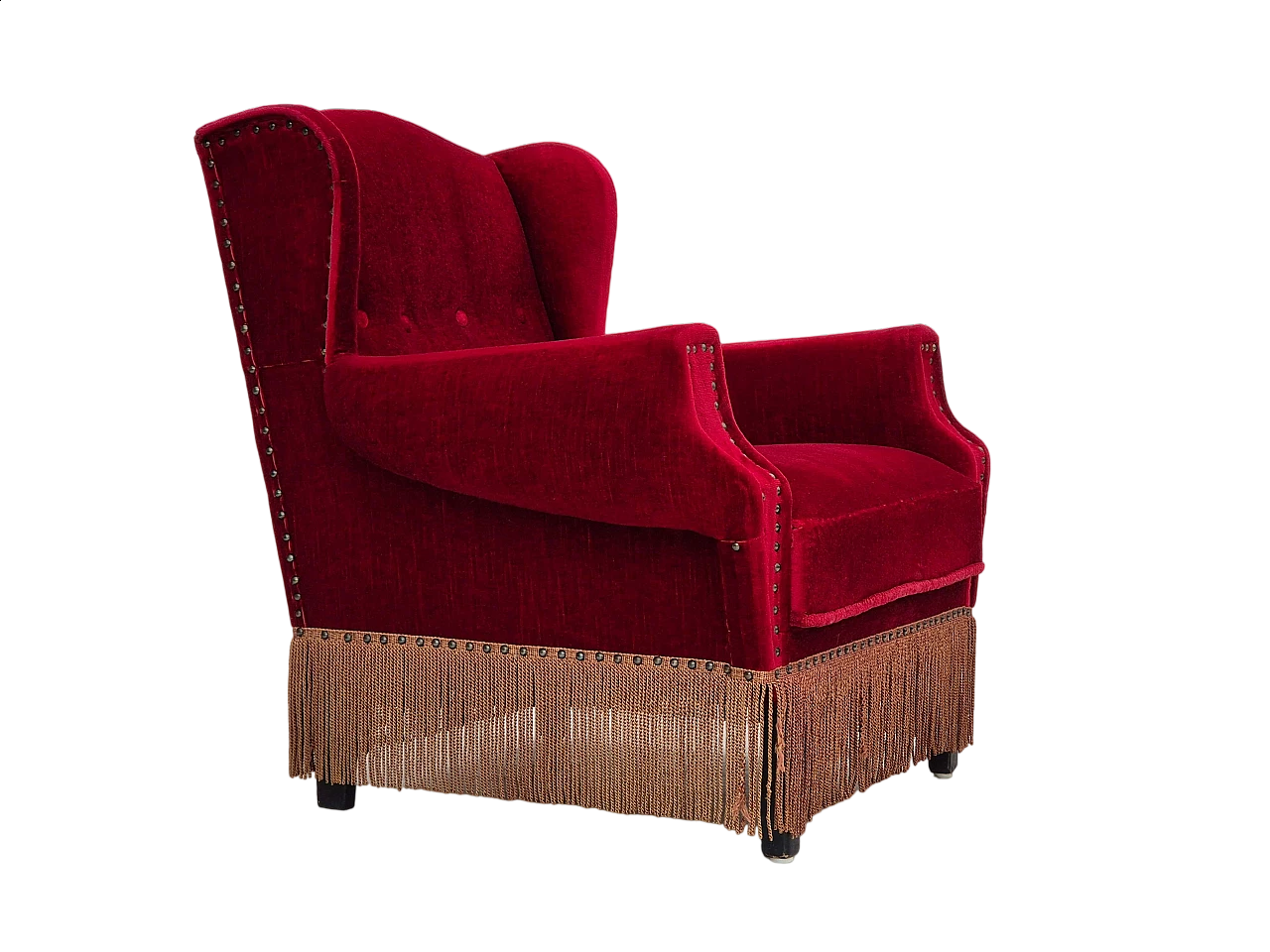 Danish oak and velvet armchair with tassels, 1960s 17
