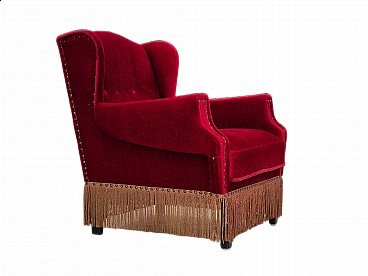 Danish oak and velvet armchair with tassels, 1960s