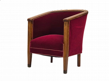 Danish beech and red velvet armchair, 1950s