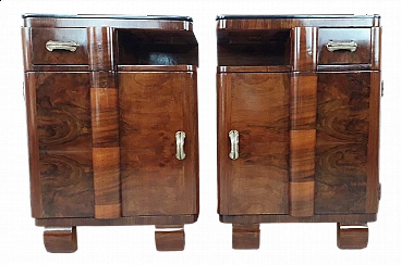 Pair of Art Deco wood and black crystal bedside tables, 1935