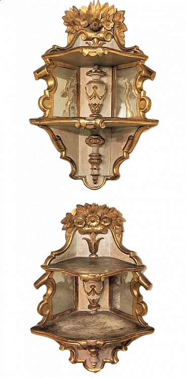 Pair of lacquered and gilded wood corner shelves, mid-19th century