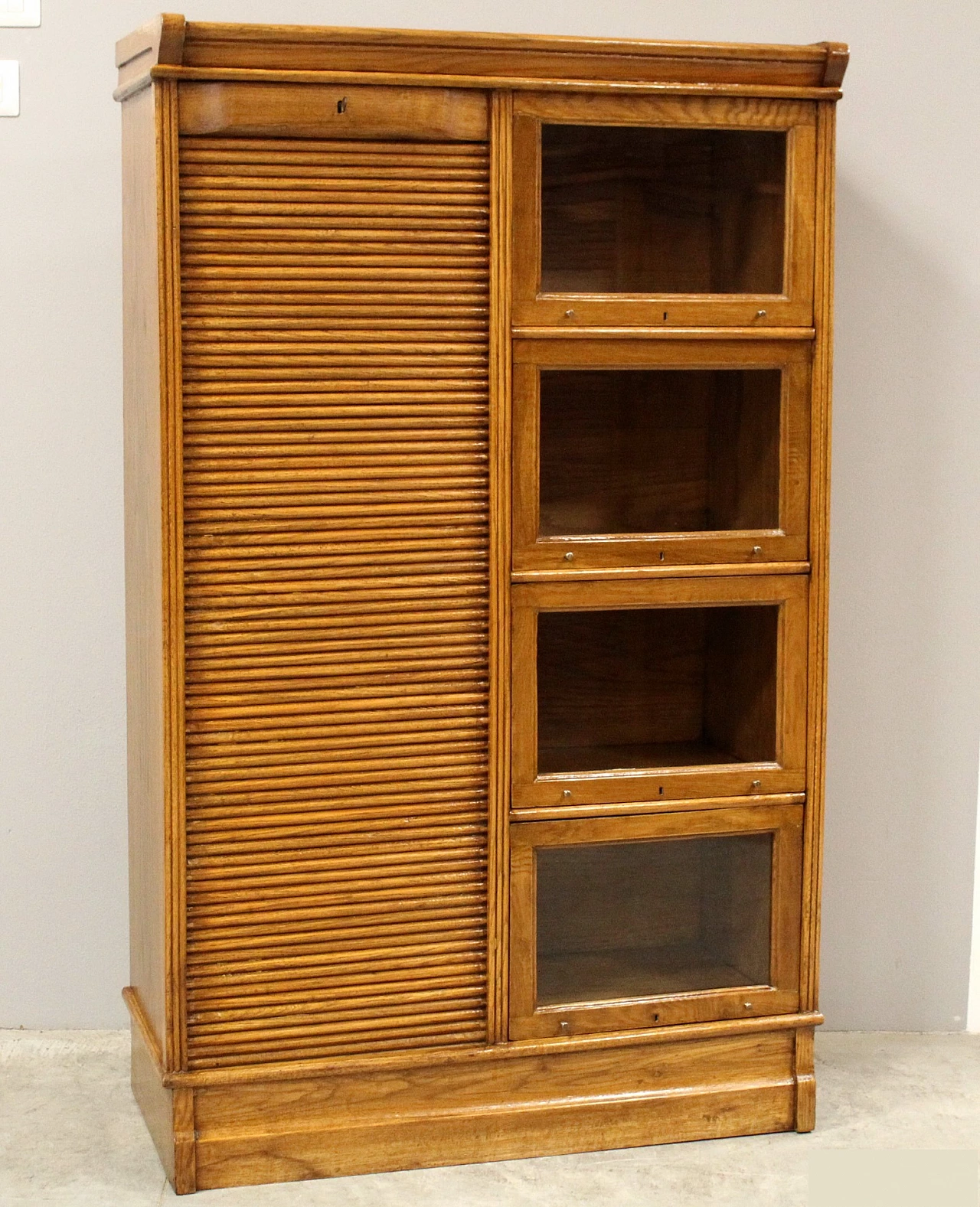 Oak filing cabinet with shutter and display case, early 20th century 1