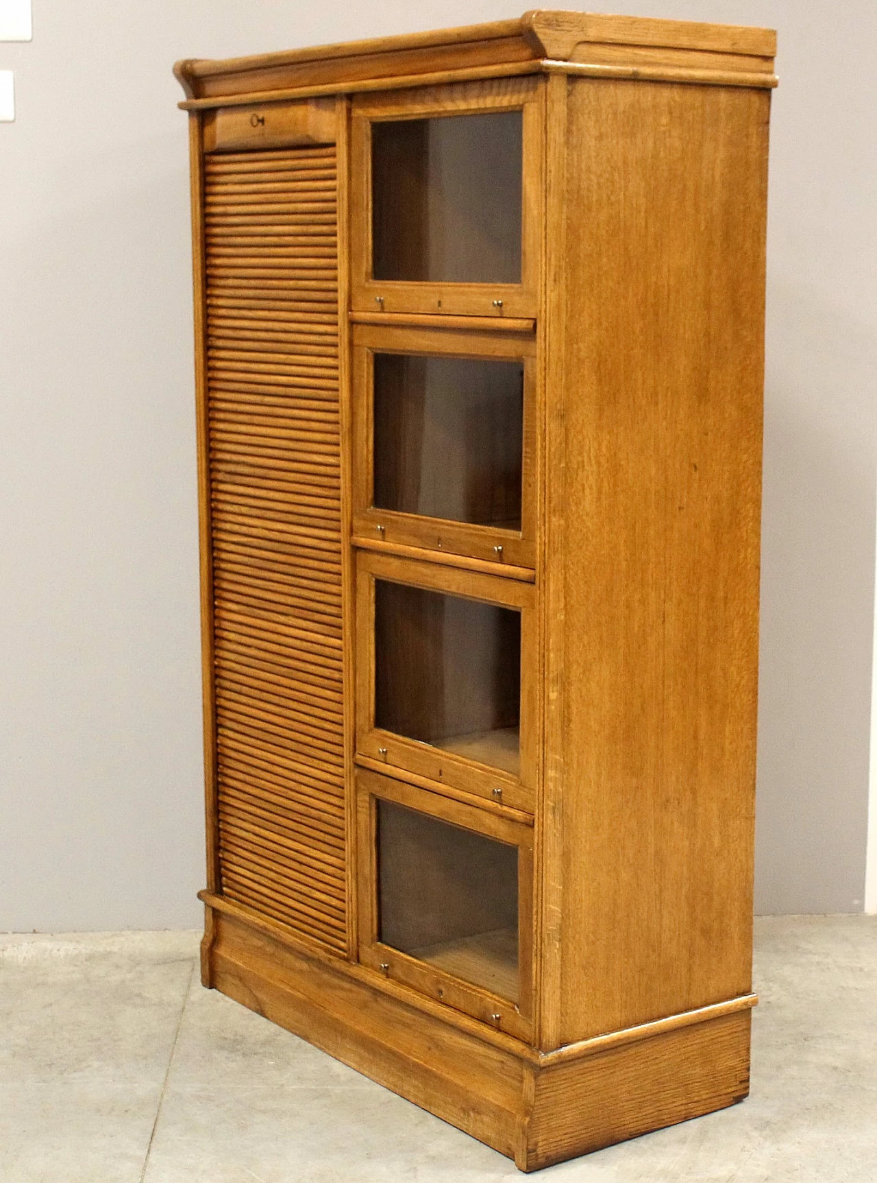 Oak filing cabinet with shutter and display case, early 20th century 2