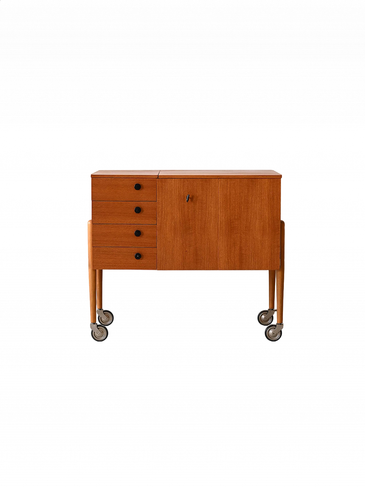 Teak sewing cabinet with drawers and wheels, 1960s 16