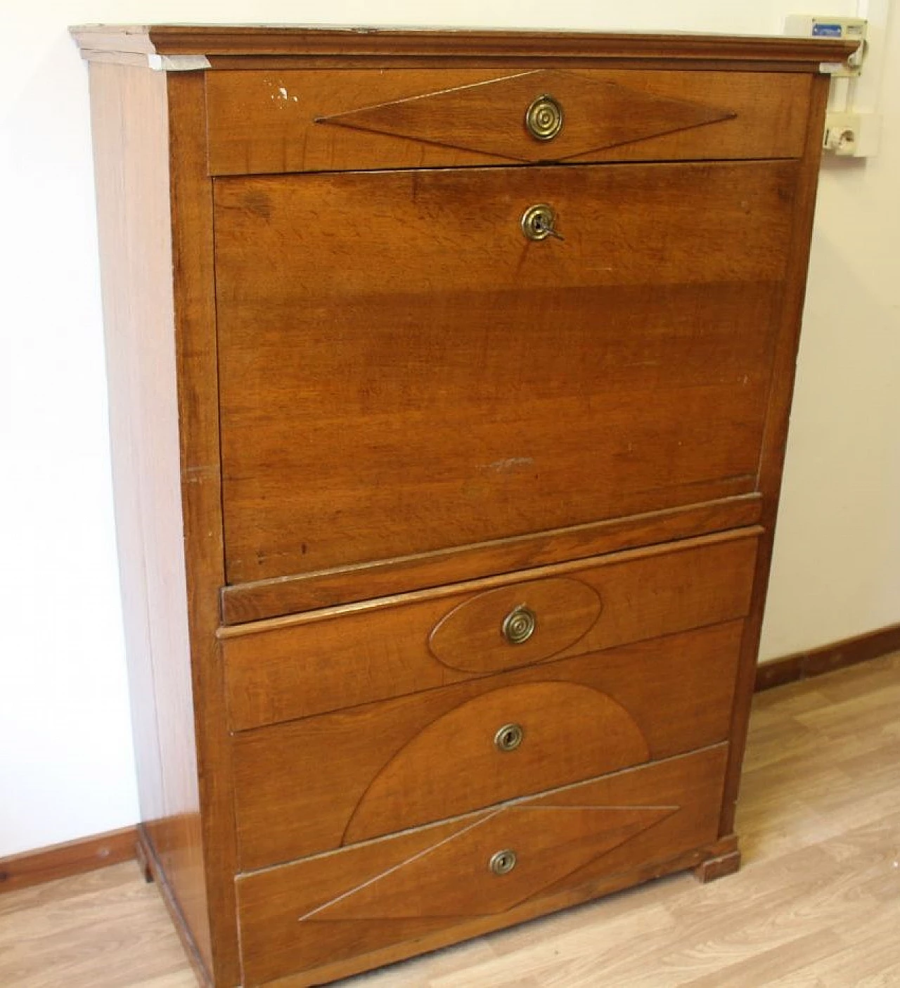 Secretaire in oak and maple burl, early 20th century 1