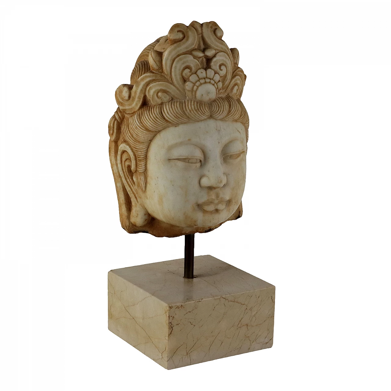 Guanyin's head, marble sculpture with travertine base 1