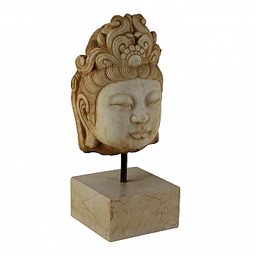 Guanyin's head, marble sculpture with travertine base