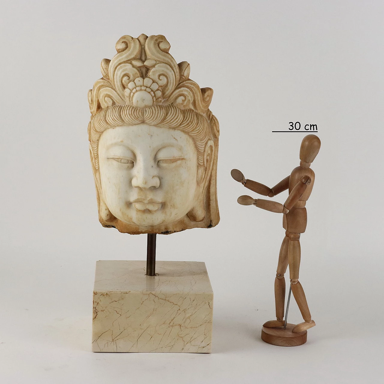 Guanyin's head, marble sculpture with travertine base 2