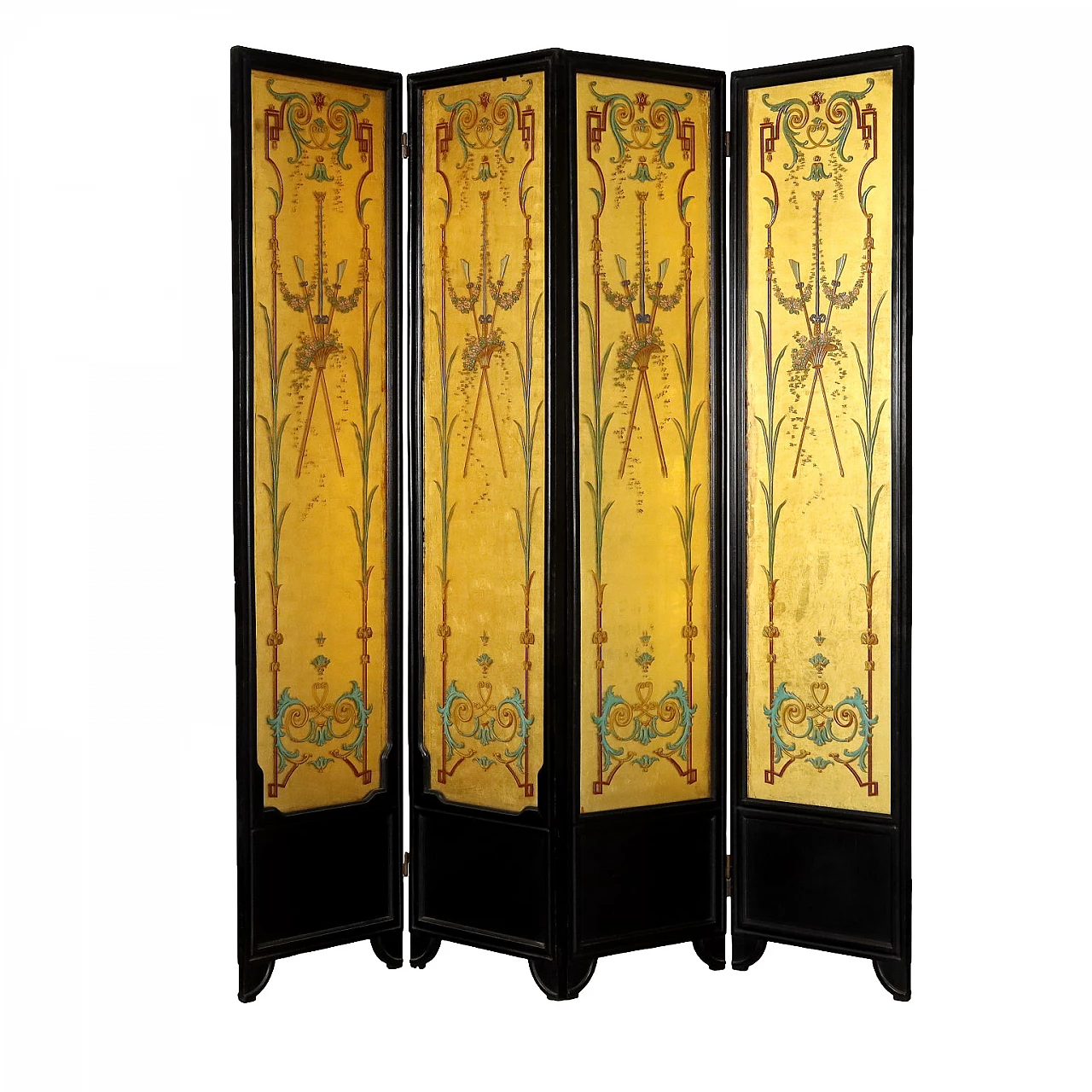 Folding screen in ebonized wood and glass with gold leaf 1
